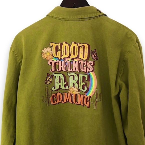 Vintage Saint Germain Studded 100% Cotton Denim Graphic Jean Jacket Size Large - Picture 2 of 10